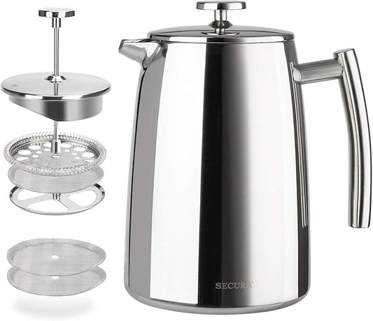 Secura French Press Coffee Maker, 34-Ounce, 304 Stainless Steel Insulated Coffee Press with Extra Screen