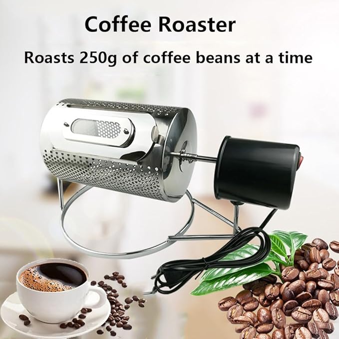 Coffee Roaster Machine for Home Use, Stainless Steel Roasting Machine with Visible Window and Stainless Steel Tray, Speed 30 Rum/Min, 250g Capacity for Grains Baking Nuts Beans