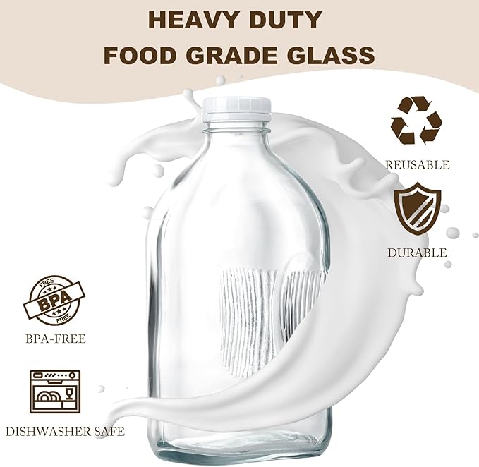 Glass Milk Jugs Bottles - Half Gallon / 2Qt Container Pitcher with Airtight Screw Lids and Handle for Milk, Breastmilk, Juice, Iced Tea, Cold Water, 64 OZ Set of 2