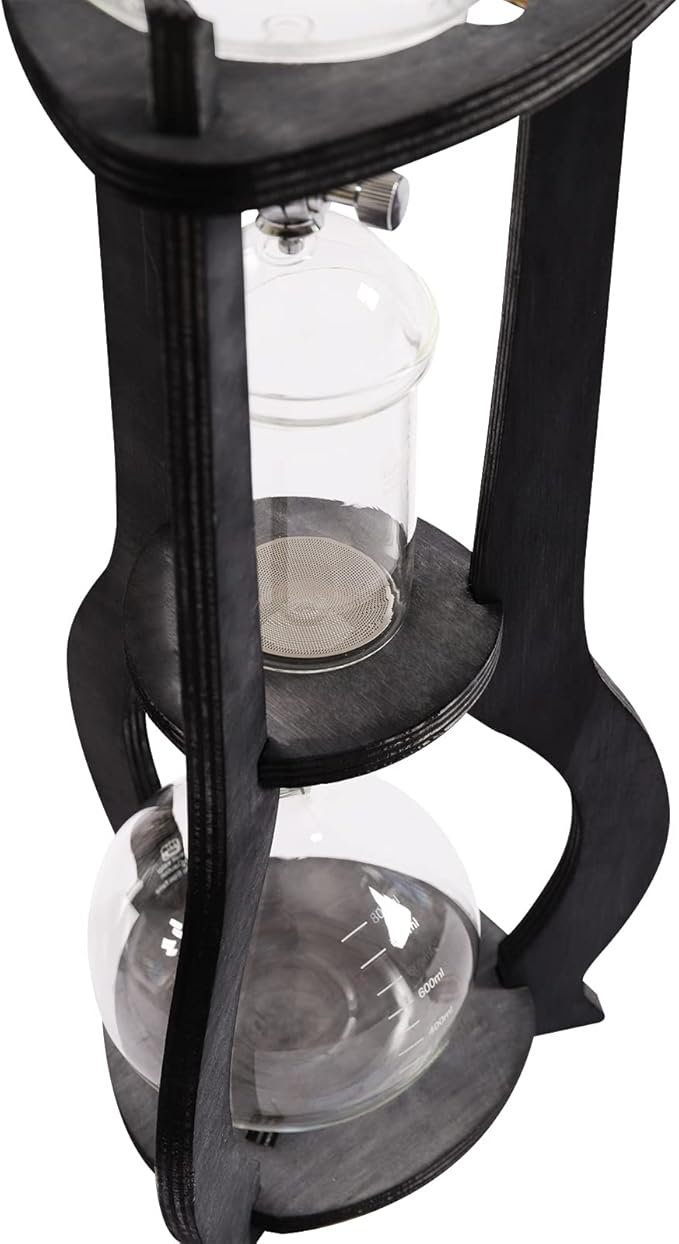 6-8 Cup Iced Coffee Cold Brew Drip Tower – 600ml Retro Hand-Blown Glass & Wood Coffee Maker, 3-5H Quick Extraction with Stainless Steel Filter (Grey)