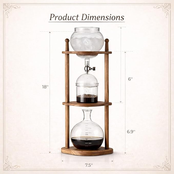 Nispira Cold Brew coffee Maker Ice Coffee Drip Machine with Advanced Slow Drip Technology Borosilicate Glass with Wood Tower, 6-8 Cup, Brown
