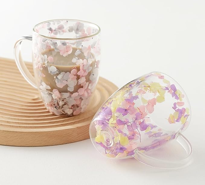 Double Glass Flower Tea Cup, Aesthetic Preserved Flower Cup, Cute Insulated Tea Cup with Handle, Heat Resistant & Lead-free Coffee Mugs, Gifts for Birthday Mother's Day, Perfect for Women Wife Mom (F)