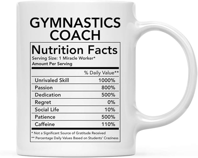 Andaz Press Funny 11oz. Ceramic Coffee Tea Mug Thank You Gift, Gymnastics Coach Nutritional Facts, 1-Pack, Novelty Gag Birthday Christmas Gift Ideas Coworker