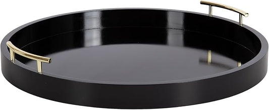 Kate And Laurel Lipton Modern Round Ottoman Tray; 22 Inch Diameter; Black and Gold; Decorative Circle Coffee Table Tray for Living Room Decor or Large Serving Tray