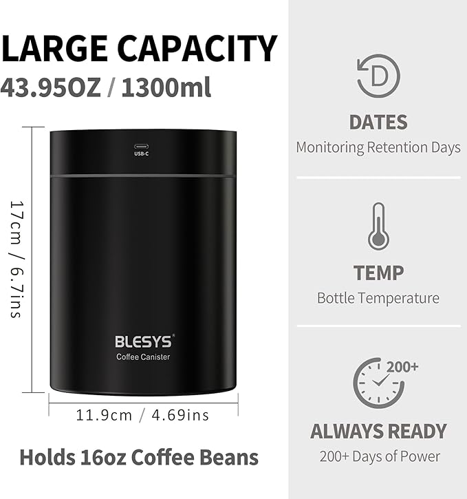 Smart Vacuum Coffee Canister, Automatic Stainless Steel Food Storage Container, LCD Monitoring, One-touch Freshness, Date Tracker, Extra-long Standby Time, holds 16oz Coffee Beans (Black, 1.3L)