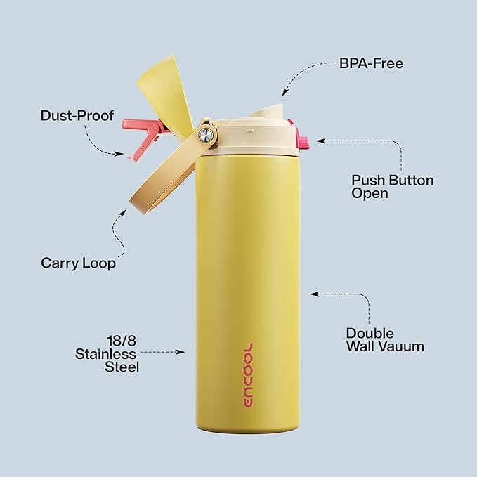 Insulated Water Bottle with Straw - Encool Stainless Steel Water Bottle with Push Button Lid, Leak-Proof & BPA-Free, Keeps Cold for 24 Hours for Sports, Travel, Gym (24 oz, Ginger)