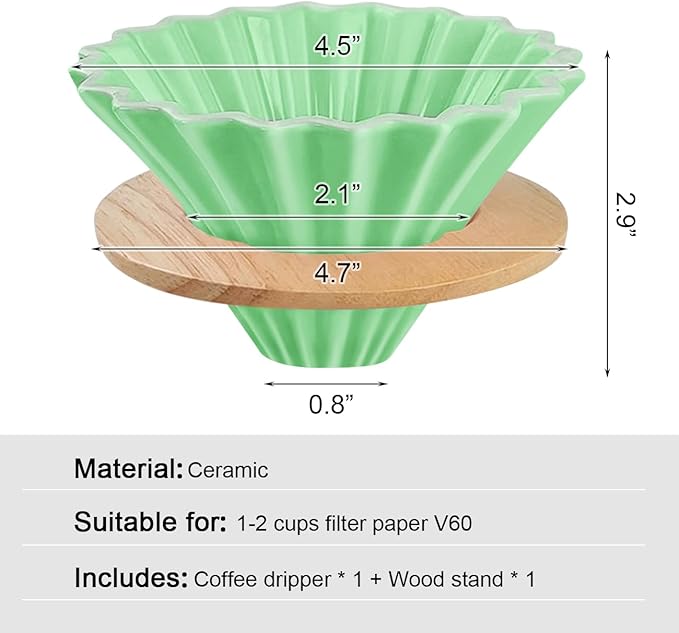Ceramic Coffee Dripper with Wood Cup Stand Pour Over Coffee Maker Elegant Flower-shape V60 Strainer for 1-2 Cups Slow Brewing Accessories for Home Coffee Shops Restaurants Green