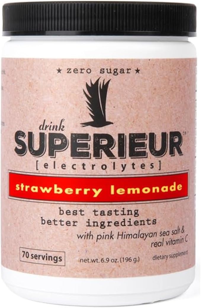 Superieur Electrolytes–Plant Based Electrolyte Supplement w/Sea Minerals for Hydration & Recovery–Keto Friendly, Non-GMO, Zero Sugar, Vegan Healthy Sports Drink Powder–Strawberry Lemon(70 Serv)