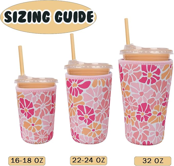 Reusable Insulated Neoprene Iced Coffee Cup Sleeve, Durable Drink Sleeve for Cold Beverages, Beverage Holder for Iced Coffee, Blush Petals