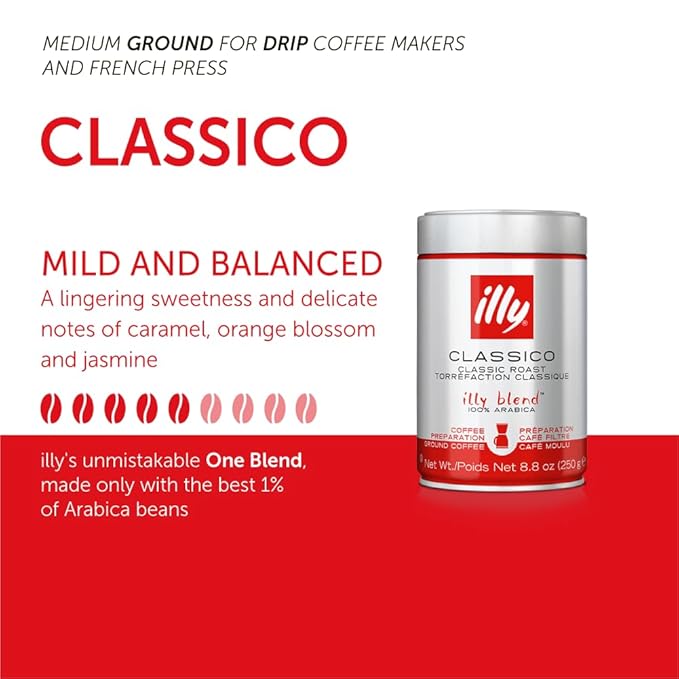 illy Ground Drip Coffee, Classico Medium Roast, 100% Arabica, Premium Italian Coffee, Pre-Ground for Drip Brewers, 8.8 oz, 6 Pack