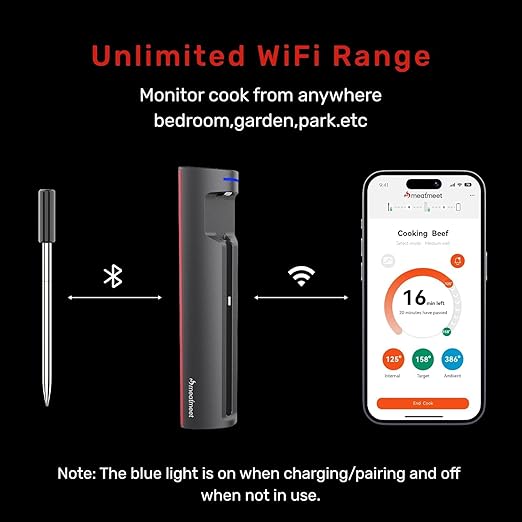 Meatmeet Pro WiFi Wireless Meat Thermometer Digital, Bluetooth Meat Thermometer Wireless, Smart App Monitoring, IP67 Waterproof Meat Probe Thermometer for BBQ, Oven, Grill, Smoker