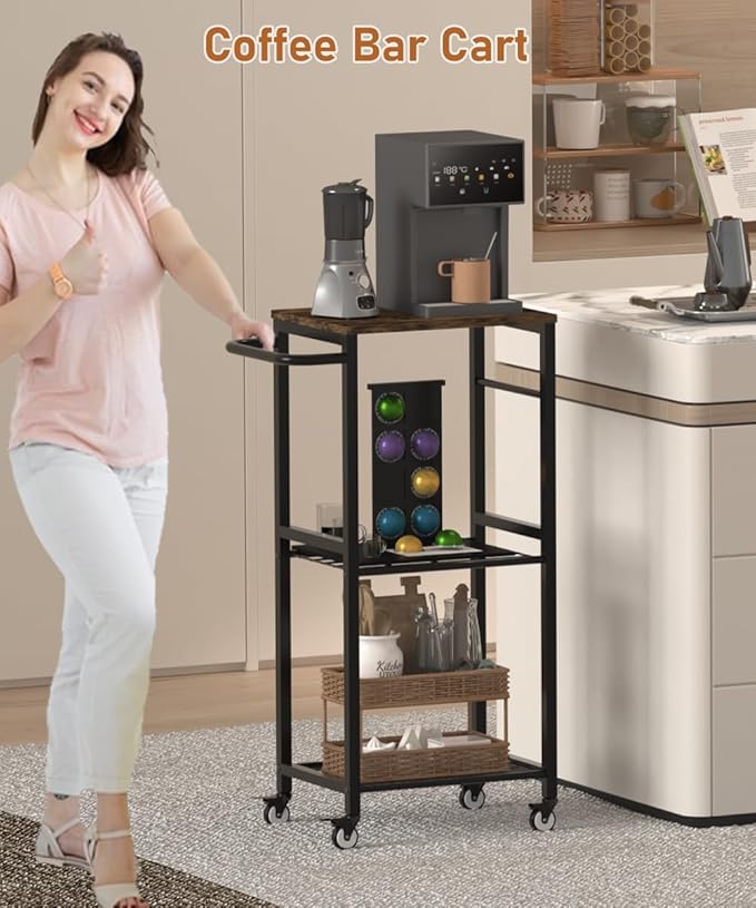 Kitchen Microwave Stand Cart with Storage Rack | 3-Tier Rolling Kitchen Side Table on Wheels with 8 Hooks, Utility Small Coffee Shelf Organizer for Living Room, Bedroom, Bathroom, Office, Black