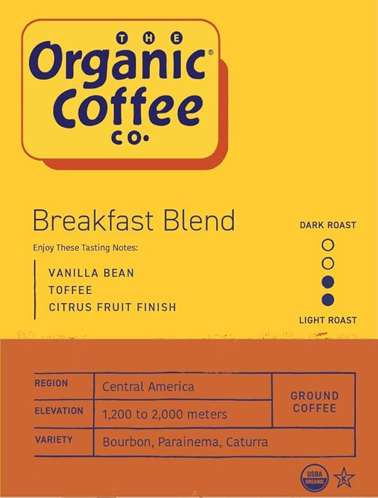 Organic Coffee Co. Breakfast Blend Ground Coffee 12 Ounce Medium Light Roast USDA Organic