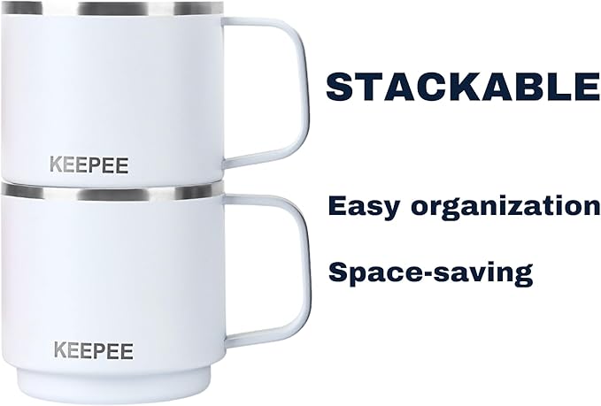 4 oz Stackable Cup with Handle, Vacuum Insulated Espresso Coffee Cup with Ceramic Coating, Stainless Steel, 2 Pack, White