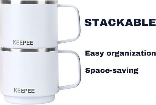 4 oz Stackable Cup with Handle, Vacuum Insulated Espresso Coffee Cup with Ceramic Coating, Stainless Steel, 2 Pack, White