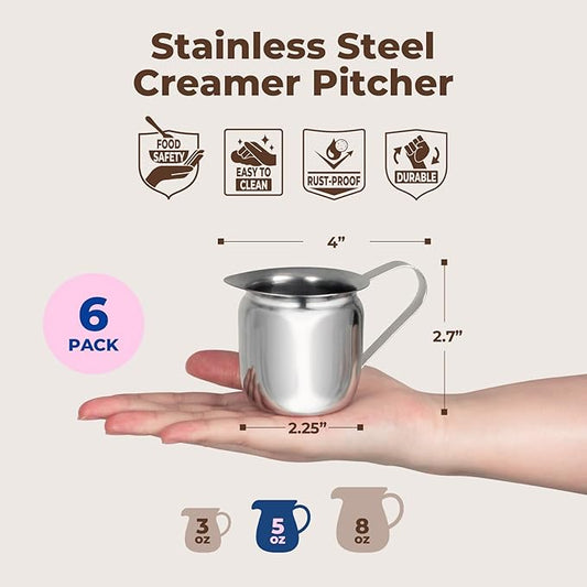 Fit Meal Prep [6 Pack] 5 oz Creamer Pitcher - Stainless Steel Bell Creamers, Mini Cup Container for Serving Milk, Coffee Cream, Salad Dressing, Maple Syrup, Espresso Machine for Restaurant, Cafes
