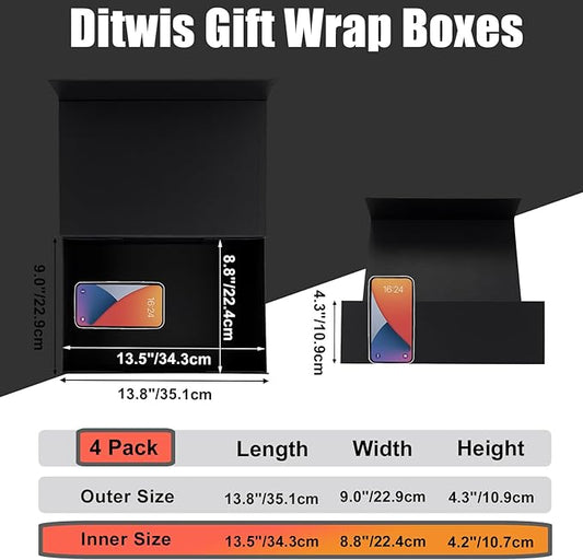 Ditwis 4 Pack 13.8x9x4.3 Inches Gift Boxes with Magnetic Closure Lids, Black Magnetic Box for Wedding, Groomsmen Bridesmaid Proposal, Birthdays, Mother's Day