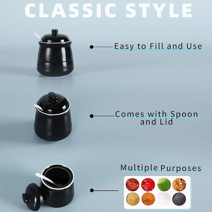 HAOTOP Porcelain Salt Bowl with Lid and Spoon,Ceramic Sugar Bowl 12oz (Black)
