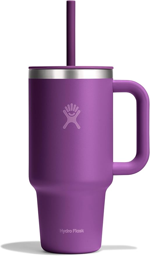 Hydro Flask Travel Tumbler with Handle, Lid and Straw - Insulated Stainless Steel in 32 Oz Beachplum Purple