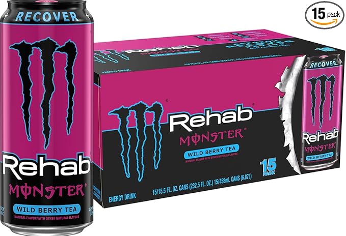 Monster Rehab Wild Berry Tea + Energy, Energy Drink, 15.5 Ounce | Energy Iced Tea, Pack of 15