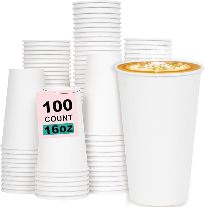Coolcap 16 oz 100 Pack Disposable Coffee Cups, Bulk White Disposable Paper Cups, Coffee Cups for Hot Tea, Chocolate and Cold Drinks