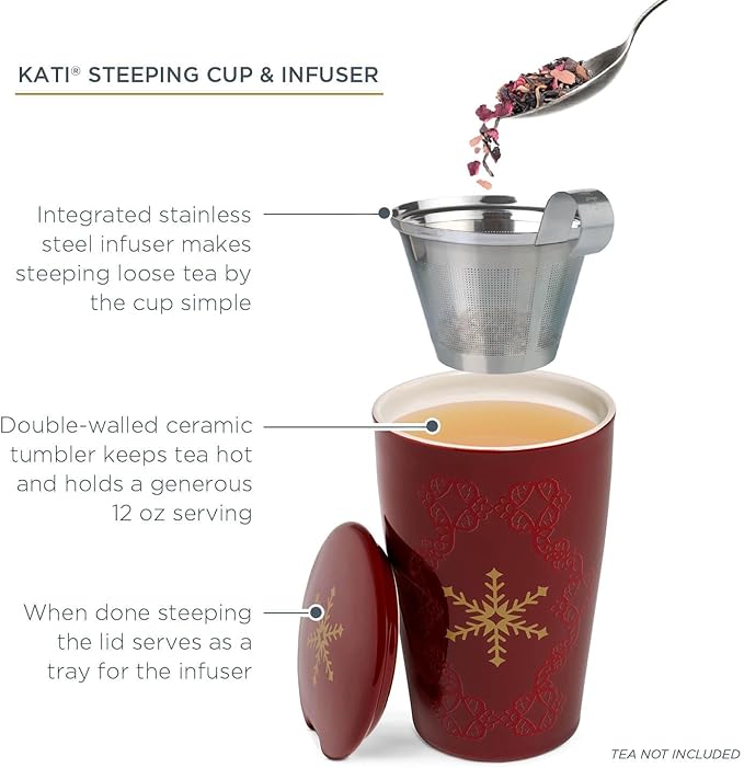 Tea Forte Double-Walled Ceramic Kati Cup, Removable Stainless Steel Infuser Basket and Lid, Steeps 12 oz Loose Leaf Tea, Dishwasher & Microwave Safe, Warming Joy