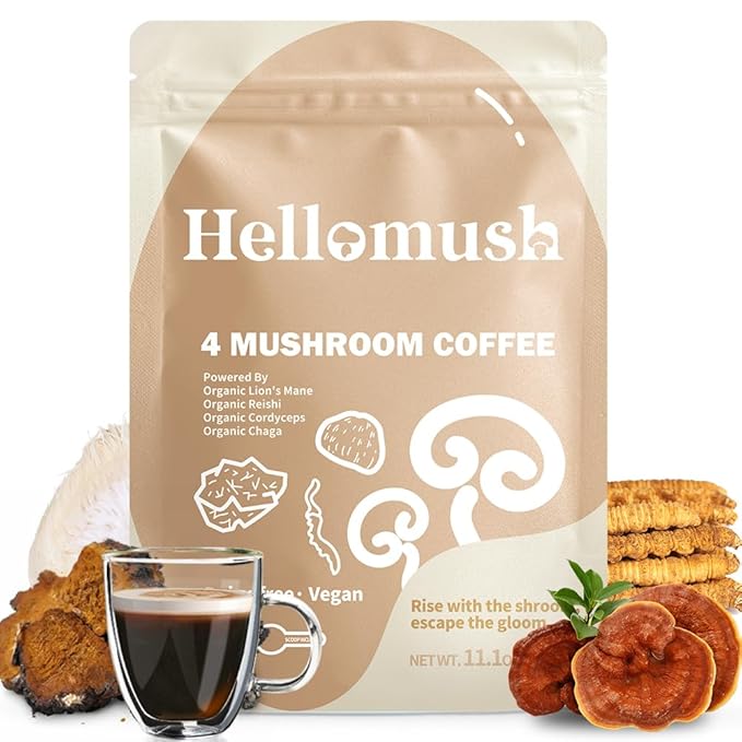 Hellomush Organic Instant Mushroom Coffee with Lions Mane, Reishi, Chaga and Cordyceps Coffee, Adaptogen Drink for Greater Energy, More Focus, Better Digestion, and Gut Support 90 Servings 11.11 oz