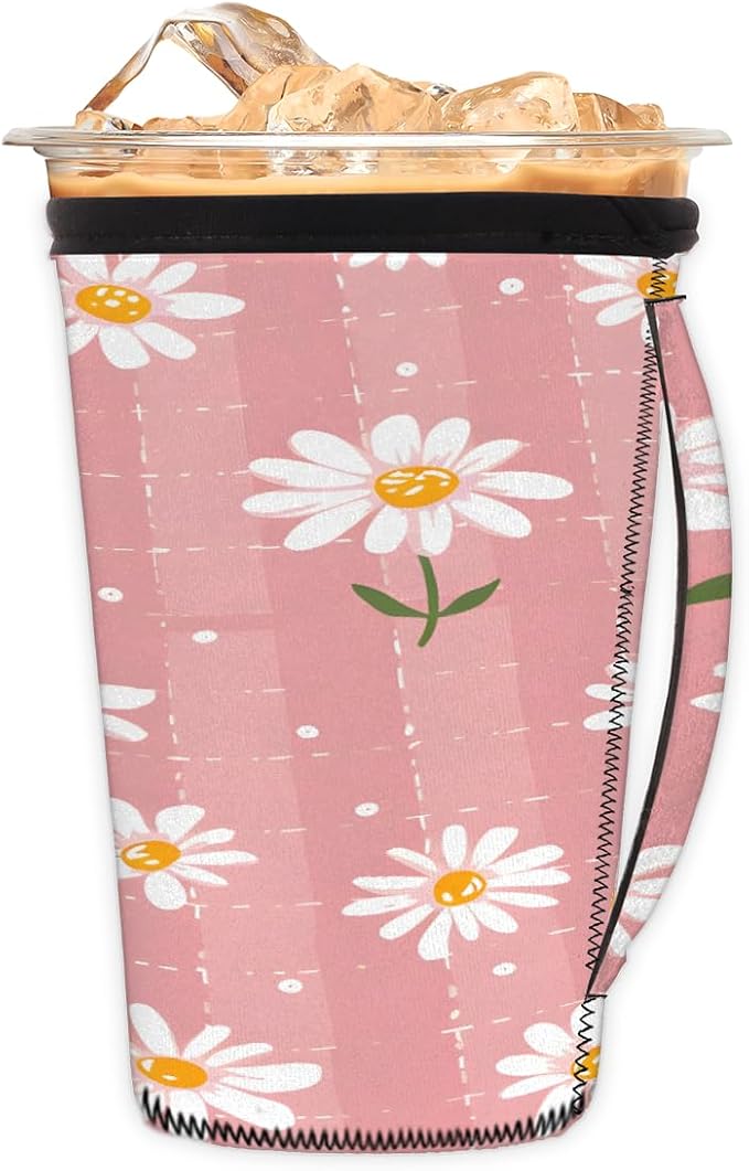 Reusable Iced Coffee Cup Sleeve Flower Daisy Neoprene Insulated Sleeves Cup Holder with handle Idea for 30oz - 32oz