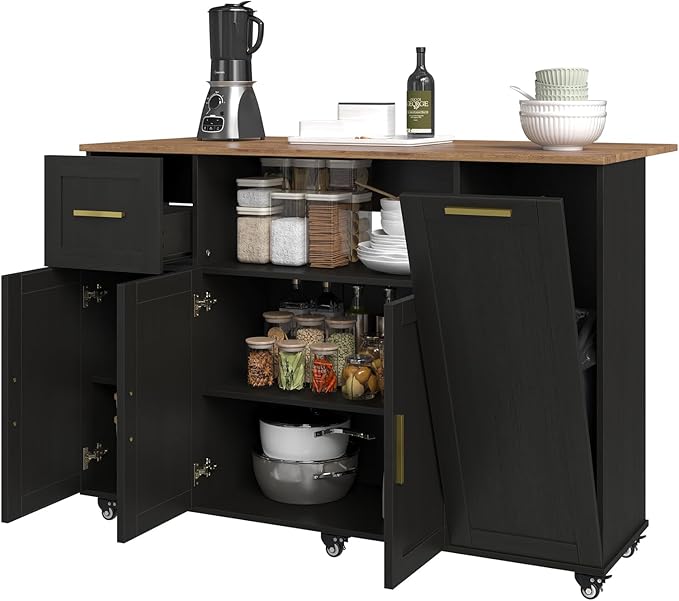 59 inch Large Mobile Kitchen Island Cart with Drop Leaf,Island Cart with 2 Cabinets,Drawer,Extra Counter Space&Trash Bin Storage,Rolling Portable Prep Table for Kitchen,Black