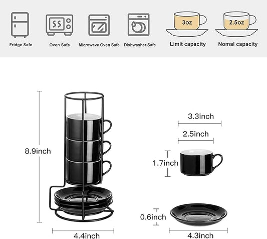 Meichu 2.5oz Porcelain Stackable Espresso Cups with Saucers and Metal Stand Set of 4, Stackable Espresso Cups Set of 4, Black Expresso Shots Cup Set for Cappuccino, Coffee Drinks, Latte, Tea