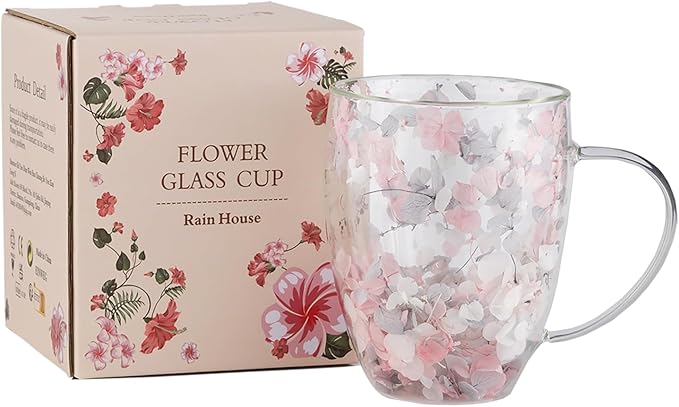 Double Glass Flower Tea Cup, Aesthetic Preserved Flower Cup, Cute Insulated Tea Cup with Handle, Heat Resistant & Lead-free Coffee Mugs, Gifts for Birthday Mother's Day, Perfect for Women Wife Mom (P)