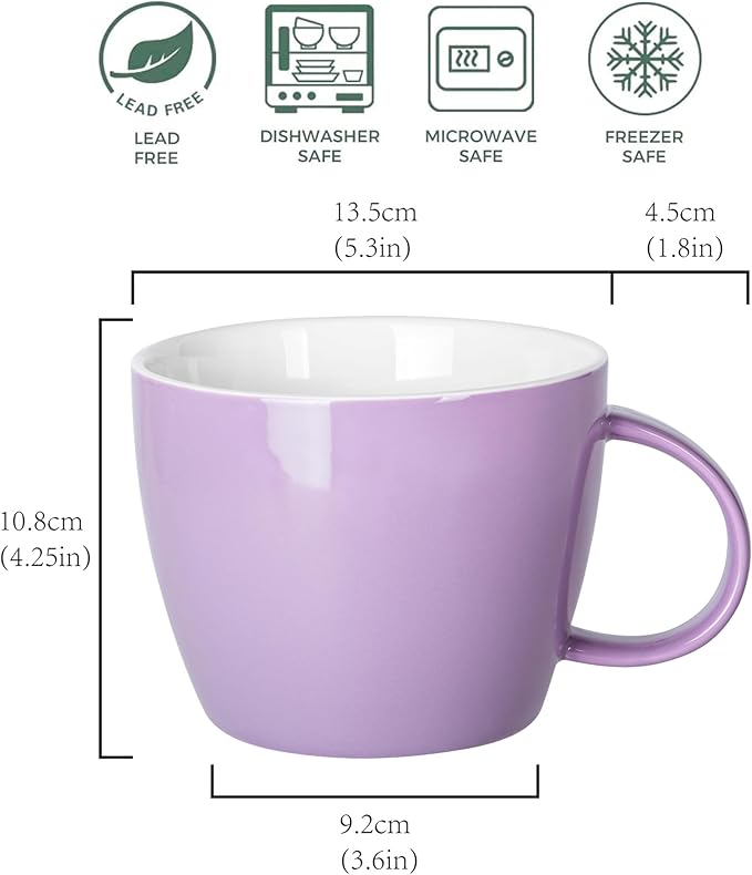 Extra Large Ceramic Coffee Mug, Jumbo Soup Mug, Porcelain 30 oz (900ml) Lavender Purple Coffee Cup, Wide Mouth Big Oversized Tea Cup, Ideal for Espresso, Latte and Milk, Beverages or Food, Purple
