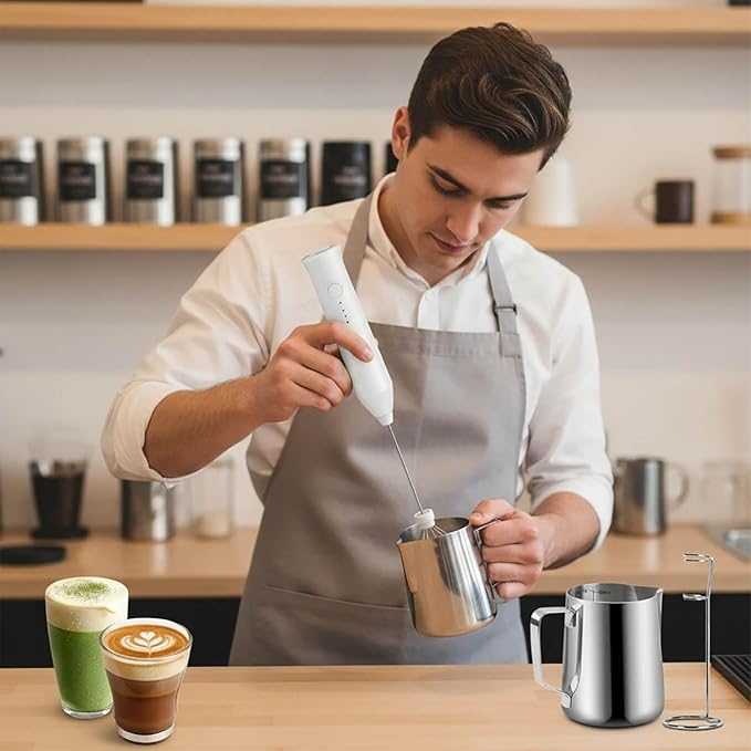 Powerful Milk Frother - Electric Handheld Milk Frother with Stand, Milk Jug and 2 Stainless Steel Blenders, Rechargeable 3 Speed Coffee Latte Cappuccino Matcha (White)