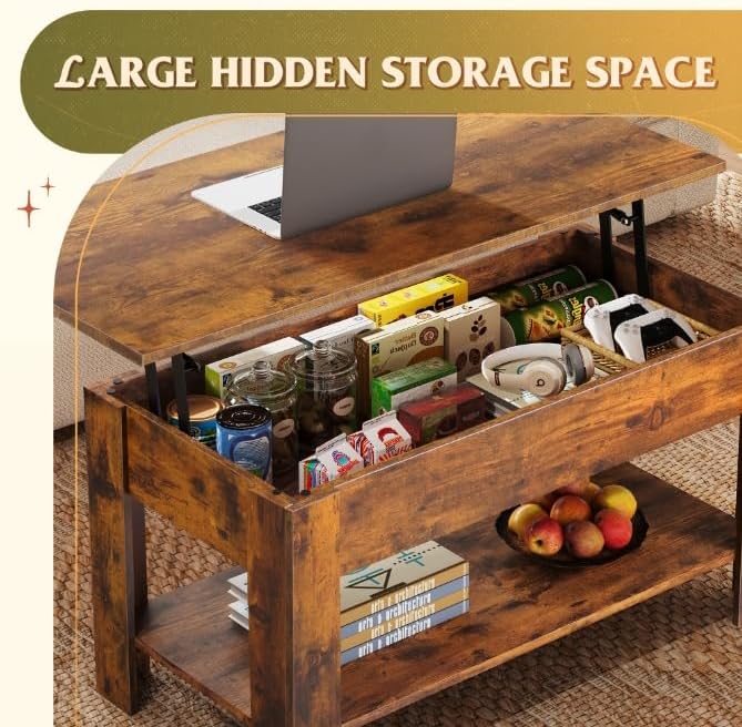 WLIVE Coffee Table, 39" Lift Top Coffee Table with Hidden Compartment, Storage Shelf and Lifting Top for Home Living Room, Office and Reception Room, Brown
