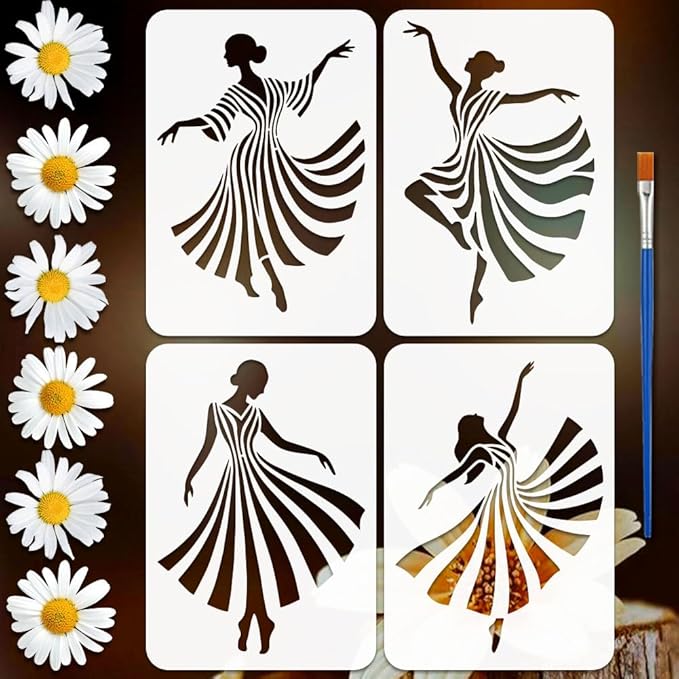 FINGERINSPIRE 4 Pcs Line Dance Figure Painting Stencil with Paintbrush 11.7x8.3inch Reusable Dancers Silhouette Stencil Reusable Plastic Template for Wood Wall Furniture Home Gift Decoration