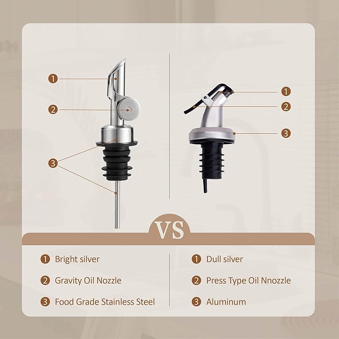 Glass Olive Oil Dispenser Bottle Small, 6.5 Oz/ 200 ml Coffee Simple Syrup Bottles with Silver Metal Pour Spout, Funnel, Measuring Cup, Oil and Vinegar Bottle for Kitchen (2 Pack)