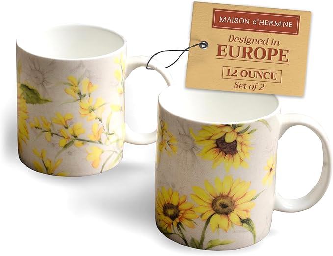 Maison d' Hermine Coffee Mug with Handles Fine Bone China Mugs Pack of Two Tea Cups for Hot Beverages Cappuccino Latte Home Restaurant Office Perfect for Gift (Candice, 12 Ounce)