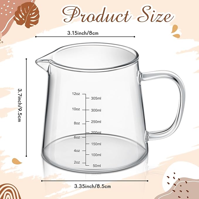 Honeydak 1 Pack 12oz Coffee Measuring Glass Cups Espresso Pitcher Heat Resistant Glass Coffee Measuring Cup Milk Frothing Pitcher Espresso Shot Glasses, Creamer Container, Microwave Dishwasher Safe