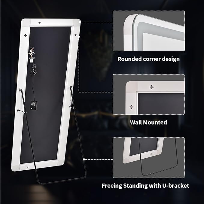 VooBang 65"x26" LED Full Length Mirror, Floor Body Mirror with Lights - 3 Color Modes, Standing Leaning Wall Mounted for Bedroom, Dressing Room White
