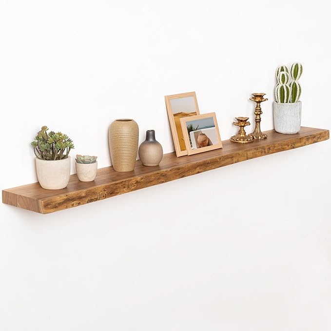 55 Inch Long Floating Shelves for Wall, Live Edge Floating Shelf Wall-Mounted for Bedroom Kitchen Living Room, Real Solid Elm Wood Wall Shelf with Heavy-Duty Bracket for Books Decor Storage, Natural