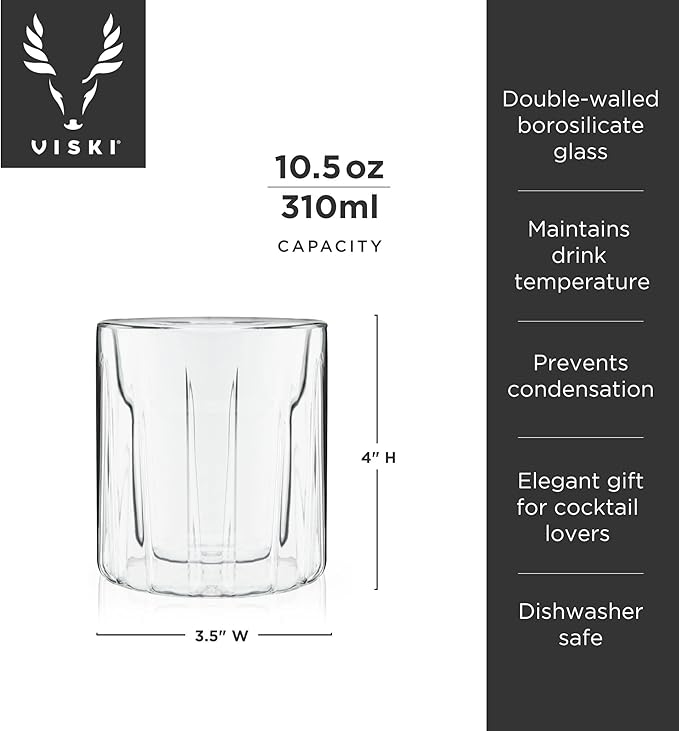 Viski Double Walled Rocks Glasses - Insulated Whiskey Tumblers with Cut Crystal Design - Dishwasher Safe 10.5oz Set of 2
