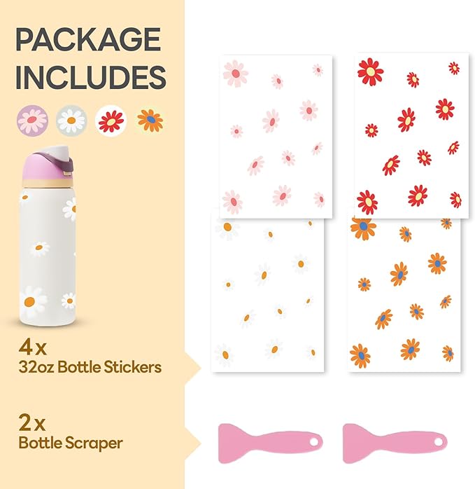 4PCS Daisy Stickers for Owala Water Bottle, Stickers Waterproof Compatible with Urban Outfitters Owala Bottles, Tumbler Cup Accessories Decal Decorate