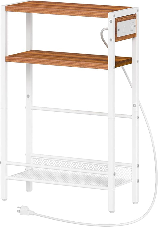 HOOBRO Small Narrow Side Table with Charging Station, Skinny End Table for Small Spaces, Slim Nightstand with USB Ports Outlet, Sofa Beside Table with Storage Shelf, White and Walnut WH102UBZ01