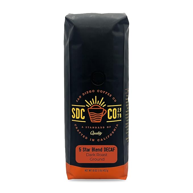San Diego Coffee 5 Star Blend DECAF, Dark Roast, Ground Coffee, 16-Ounce Bag Café descafeinado molido tostado