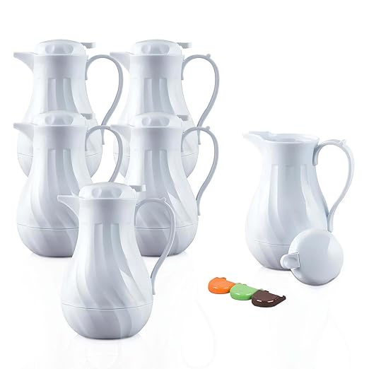 OCS Parts Set of 6 Easy Pour Thermal Coffee Carafes | 10-Inch Insulated Hot and Cold Beverage Pitcher Server for Coffee, Tea, Hot Chocolate and Water | 42-Ounce | White