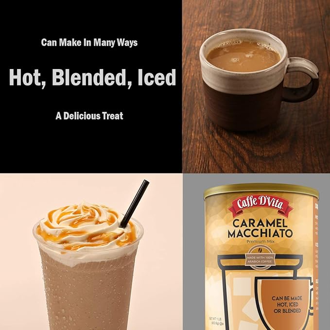 Caffe D'Vita Caramel Macchiato - Instant Coffee Powder Mix for Lattes, Gluten Free, No Cholesterol, No Hydrogenated Oils, Kosher-Dairy - 1 Lb Can