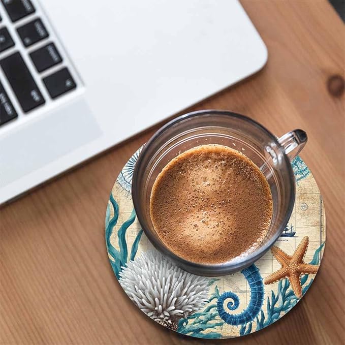 Blue Seahorse Anti Slip Coasters Ocean Wildlife Sea Animals Adventure Aquatic Rose Nautical Map Cups Place Mats for Table Home Decor 4 Inches Living Room Kitchen Coffee Table,2 Pcs