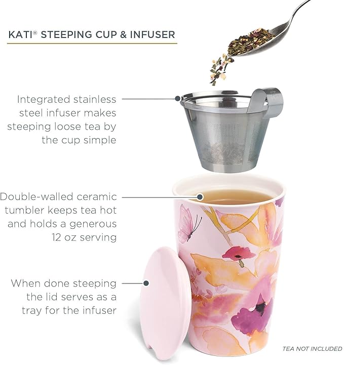 Tea Forte Double-Walled Ceramic Kati Cup, Removable Stainless Steel Infuser Basket and Lid, Steeps 12 oz Loose Leaf Tea, Dishwasher & Microwave Safe, Mariposa