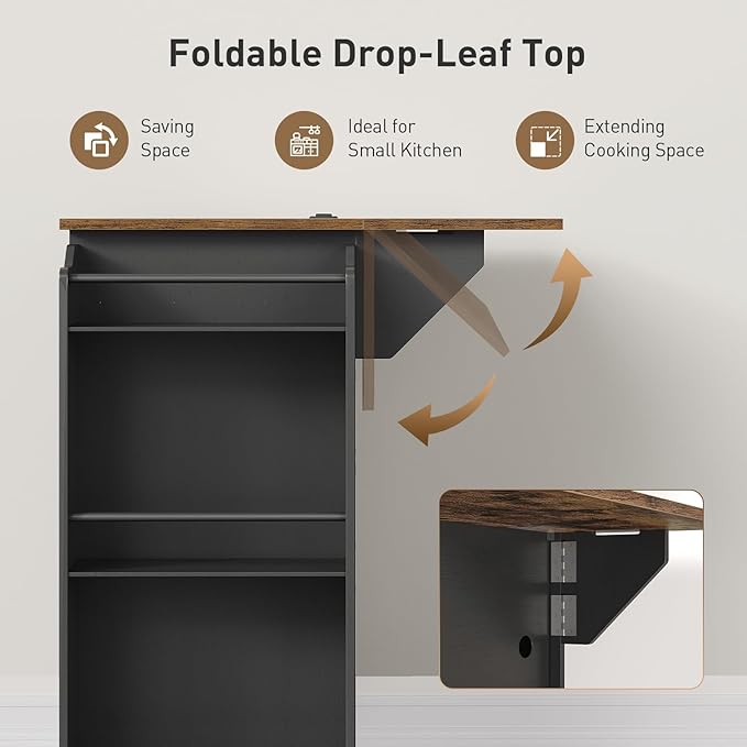Kitchen Island with Power Outlets & Drop Leaf, Rolling Kitchen Cart on Wheels, Kitchen Storage Island with Spice Rack and Drawer for Kitchen, Dinning Room, Black and Rustic Brown