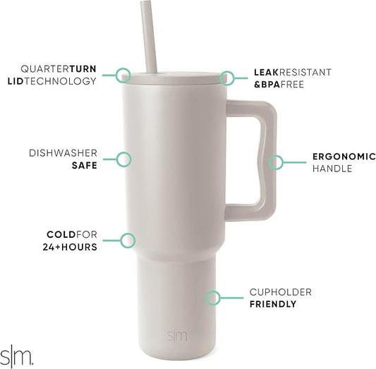 Simple Modern 40 oz Trek Tumbler with Handle and Straw Lid | Cup Holder Friendly Insulated Stainless Steel Travel Mug | Almond Birch